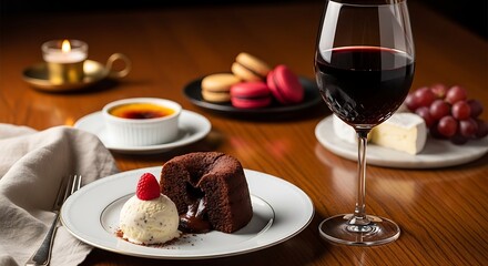 Decadent chocolate lava cake with molten center, vanilla bean ice cream, fresh raspberry, paired with elegant red wine, assorted gourmet desserts on a wooden table.