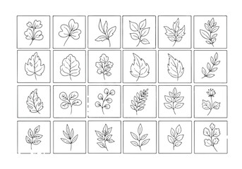 Fototapeta premium Minimalist Botanical Line Art Grid A Variety of Hand-Drawn Leaves Perfect for Organic Design Elements and Natural Aesthetics