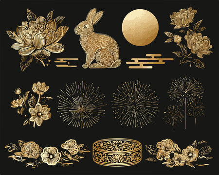 Goldener Vektor-Set mit Hasenmotiv, Blumen, Mond und Feuerwerk f&uuml;r asiatische Feiertage.