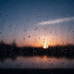 A close-up view of a rain-covered window with a blurred sunset or sunrise in the background, creating a serene and atmospheric scene