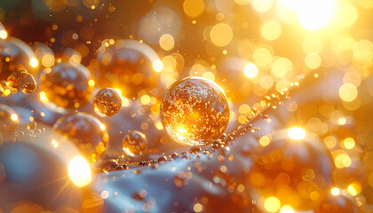 Golden Bubbles of Radiance: A breathtaking display of shimmering golden bubbles, exuding warmth and brilliance, float against a soft background of blurred lights.