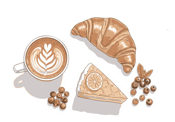 Delicious hand-drawn breakfast illustration featuring coffee, croissant, lemon cake, and fresh berries, perfect for a morning treat