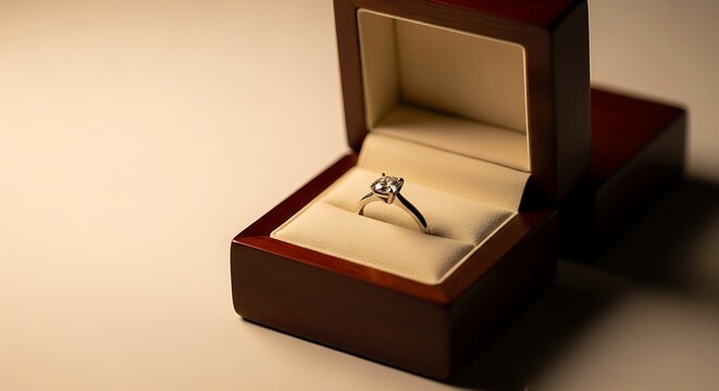 Close-up of a sparkling diamond engagement ring in an open luxurious wooden box, symbolizing love, marriage, and commitment
