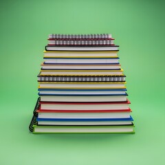 A neatly stacked pile of colorful notebooks and notepads arranged on a vibrant green background, showcasing organization and stationery supplies for study or work