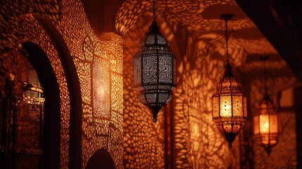 Silhouette of glowing moroccan ornamental lanterns casting intricate decorative shadows at night for ramadan kareem festive celebration