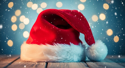 Classic red velvet santa hat against a bright blue bokeh background christmas holiday accessory close up

