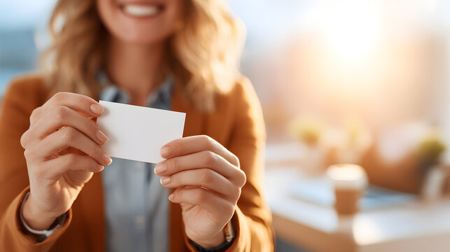 Smiling woman holding a blank business card in her hands, showcasing a friendly and professional image