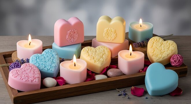 Pastel heart-shaped candles and aromatic soaps elegantly arranged on a wooden tray with lavender and rose petals, creating a serene spa atmosphere.