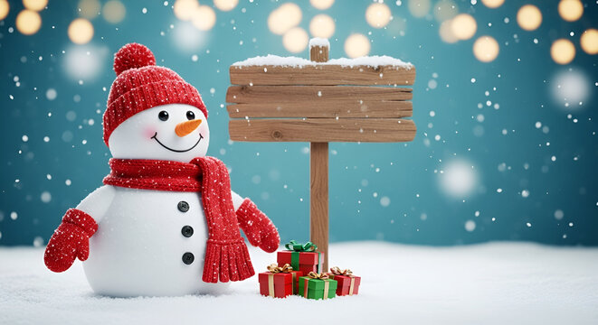 Happy snowman character in red scarf and hat beside blank wooden sign in snowy field winter greeting background with copy space