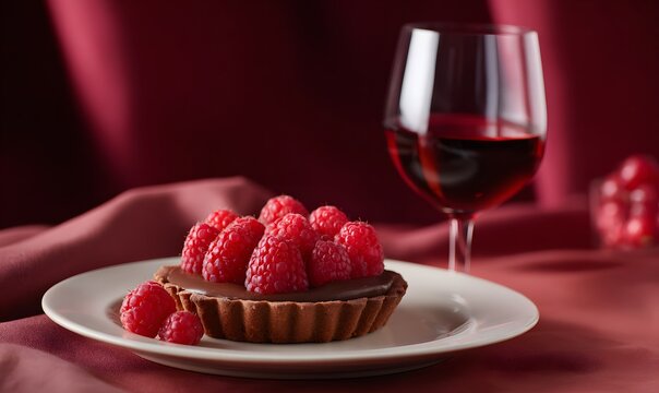 a romantic valentine's day dessert, featuring an elegant chocolate tart with fresh raspberries and a glass of wine in the background - Powered by Adobe