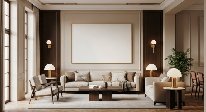 Elegant Modern Living Room Interior with Neutral Tones and Stylish Decor - Powered by Adobe
