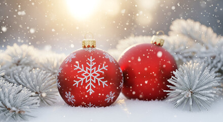 Two red christmas ball ornaments with white snowflakes hanging against a bright snowy background winter holiday decoration