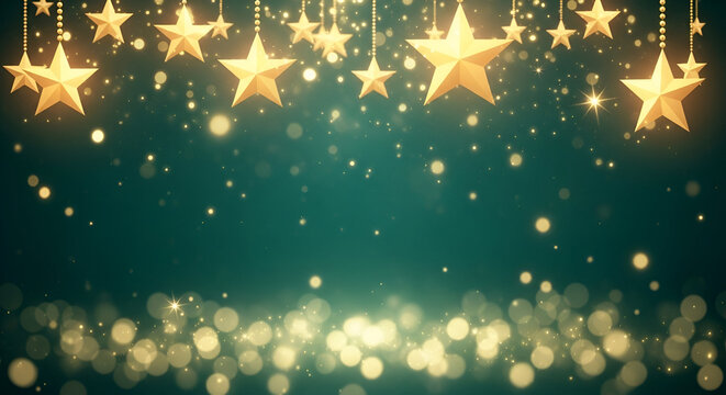 Magical dark teal christmas background with golden stars sparkling bokeh lights and festive holiday glow
