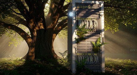 A large, mature tree with lush green leaves standing beside a modern outdoor bicycle storage unit in a sunlit forest clearing during daytime