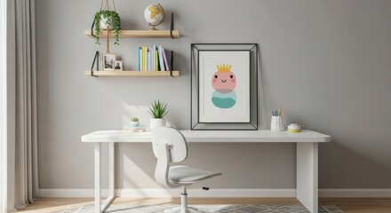Modern minimalist home office with simple decor and a framed playful artwork