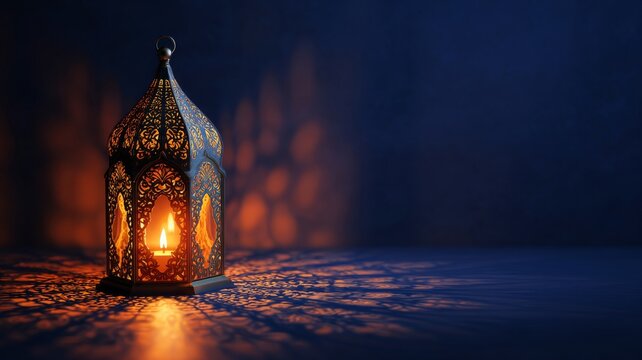 Silhouette of moroccan lantern with glowing candle casting ornamental shadows on festive night background for ramadan kareem greeting card and islamic holiday invitation