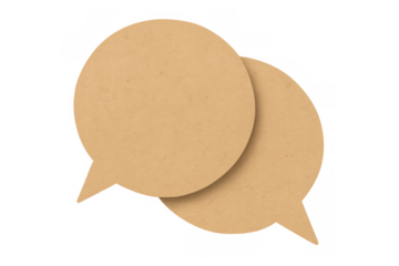 Pair of overlapping speech bubbles crafted from textured recycled cardboard paper, representing discussion, messaging, and social media interaction