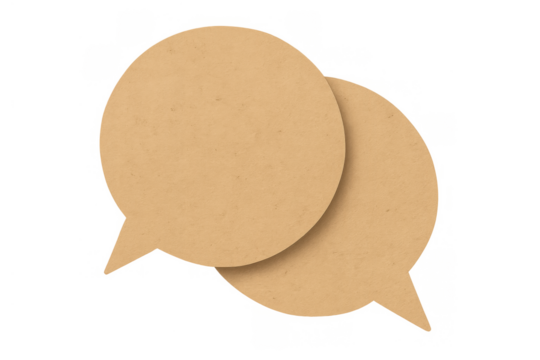 Pair of overlapping speech bubbles crafted from textured recycled cardboard paper, representing discussion, messaging, and social media interaction