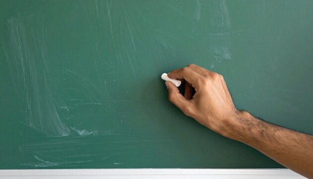 A clean green blackboard in a classroom, with a teacher’s hand holding chalk while writing during a lesson.
