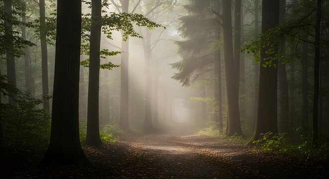 A serene forest pathway enveloped in mist with tall trees and lush green foliage creating a peaceful natural scene