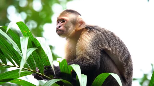 A captivating sequence of capuchin monkeys perched amongst lush, verdant foliage in its natural