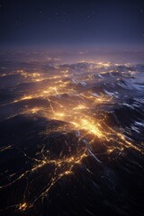 Aerial Nightscape of Interconnected Golden Light Nodes in Dense Network Under Dark Sky