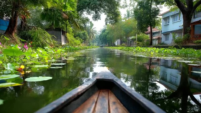 Alleppey canoe gliding through narrow canal, lotus leaves, reflections, India, backwaters, Kerala, canoe, village, nature, travel, calm, with copy space