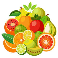 A colorful illustration featuring a variety of whole fruits and sliced citrus, including oranges, grapefruits, limes, and guavas.
