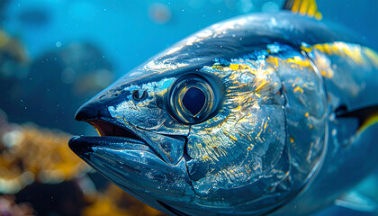 A close up macro shot of a tuna in the ocean, sharp focus on scales and eyes