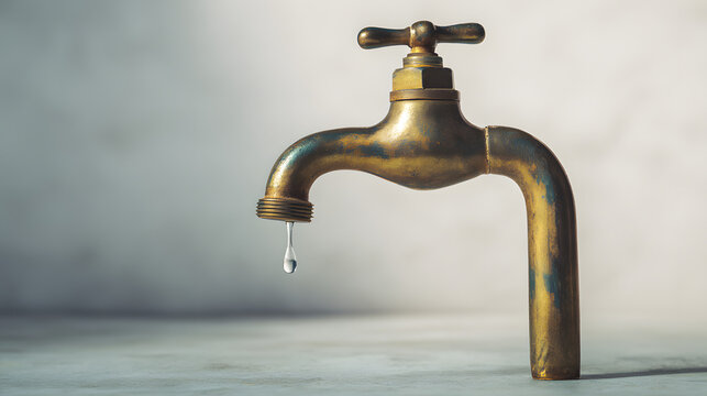leak. A vintage brass water faucet with a single droplet hanging from its spout. bar promotions, beverage menus, designed for product packaging and bar promotions, elevates brand perception.