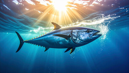 A fast moving tuna darting through the ocean in action underwater photography style