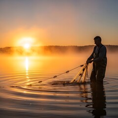 A fisherman standing in calm water during sunrise, casting a net with a scenic background of mist and orange sky over a tranquil lake