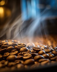 Aromatic Coffee Beans Pile with Steaming Vapor in Dark Brown Tones and Selective Focus