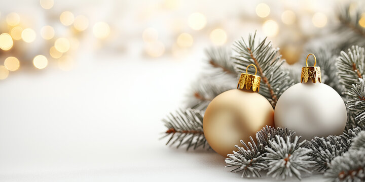 Christmas white and golden decoration ball and spruce tree close up, bokeh lights background. Merry Christmas and Happy Holidays greeting card, frame, banner. New Year. Noel. Winter festive xmas theme
