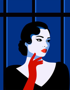 Beautiful young woman with red lips, nostalgic hair and red glove, poster and cover art