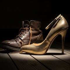 A creative juxtaposition of a worn-out leather boot and a shiny high-heeled shoe placed side by side on a wooden surface under dramatic lighting