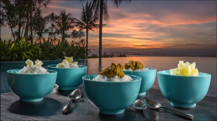 Arrangement of Teal Bowls with White Rice and Toppings at Sunset Ocean Backdrop