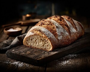 Artisan Bread Loaf Displayed on a Rustic Wooden Board with Textured Linen and Salt