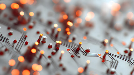 abstract image of a computer circuit board, with glowing orange lights highlighting the intricate details of its components. This visual captures the essence of technology and innovation