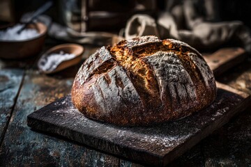 Artisan Bread Loaf on Wooden Board with Salt in Rustic Setting