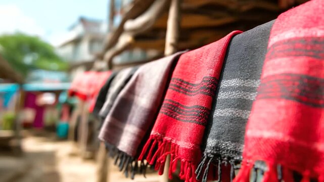 Naga shawls displayed at market, bold red-black patterns, India, Nagaland, textiles, market, culture, tradition, craft, fashion, color, with copy space
