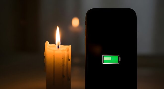 A lit candle with a warm glow next to a smartphone displaying a charging battery icon in a dimly lit environment