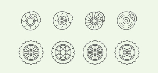 Tires brakes and sets different car illustrations combined showing replacement needs and maintenance
