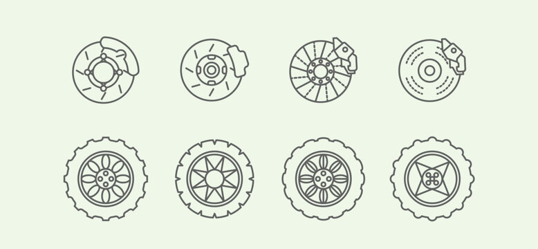 Tires brakes and sets different car illustrations combined showing replacement needs and maintenance
