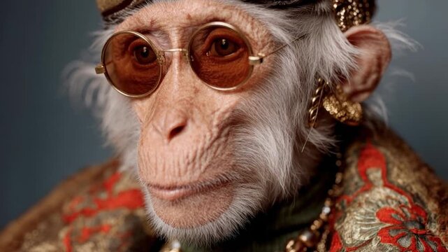 Fashionable monkey portrait with sunglasses and ornate jacket in studio light giving playful celebrity vibes