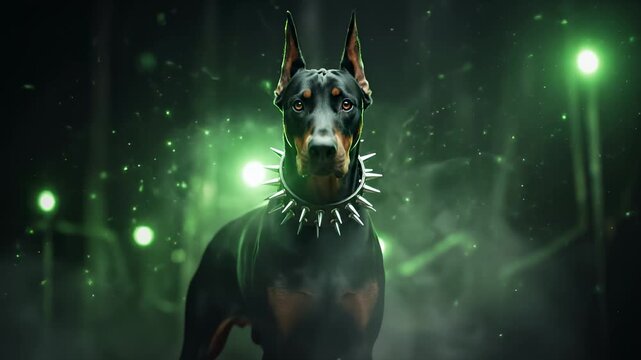 A powerful Doberman guard dog with a spiked collar in a dark, futuristic scene. Cinematic animation with glowing green lights and atmospheric smoke. Strength and protection concept