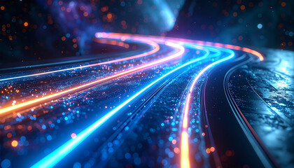 Neon Highway: Electrifying streams of light traverse a futuristic highway, a mesmerizing depiction of speed and innovation in a digital world. 