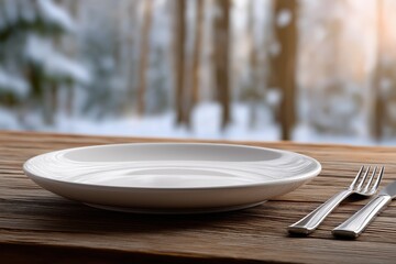 Empty plate with cutlery on rustic table in winter forest setting