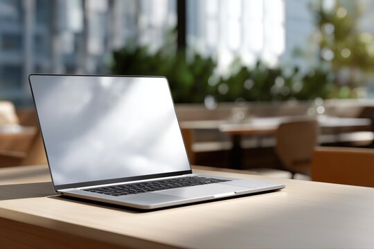 Sleek laptop on wooden desk in bright modern office with blurred background