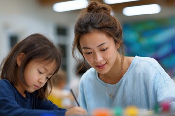 Obraz premium Asian young woman and child engaging in art activities together at a bright classroom